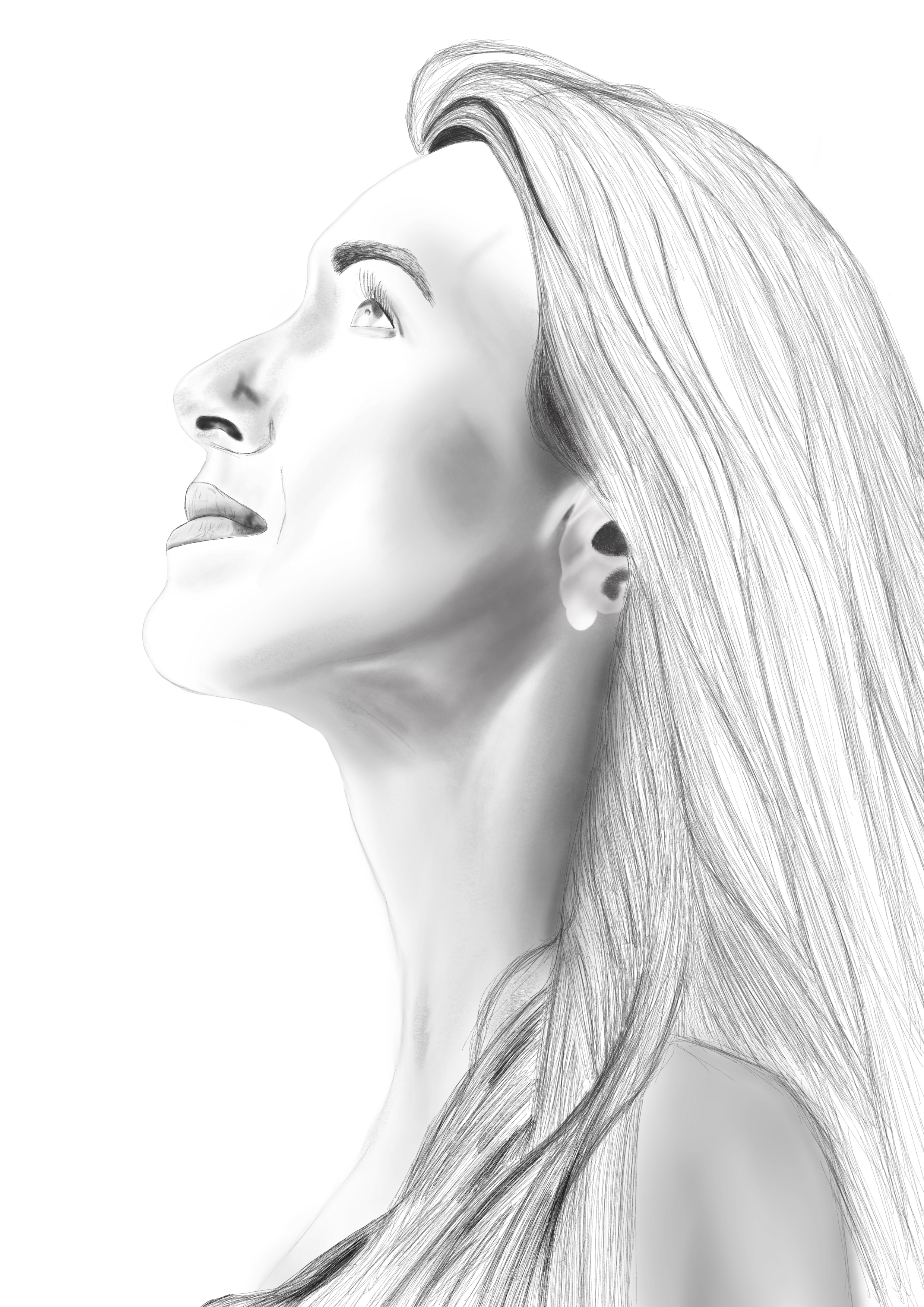Digital pencil drawing the profile of a woman's face looking up