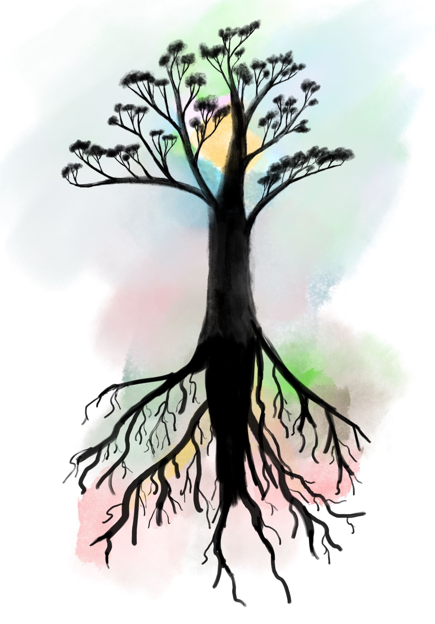 Digital watercolor of a tree over wet splashes of paint