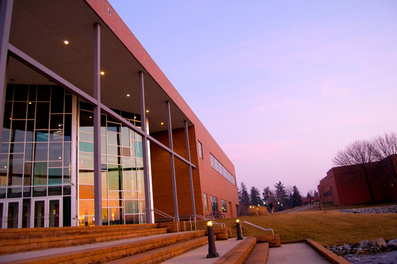 A building in a purple sunset