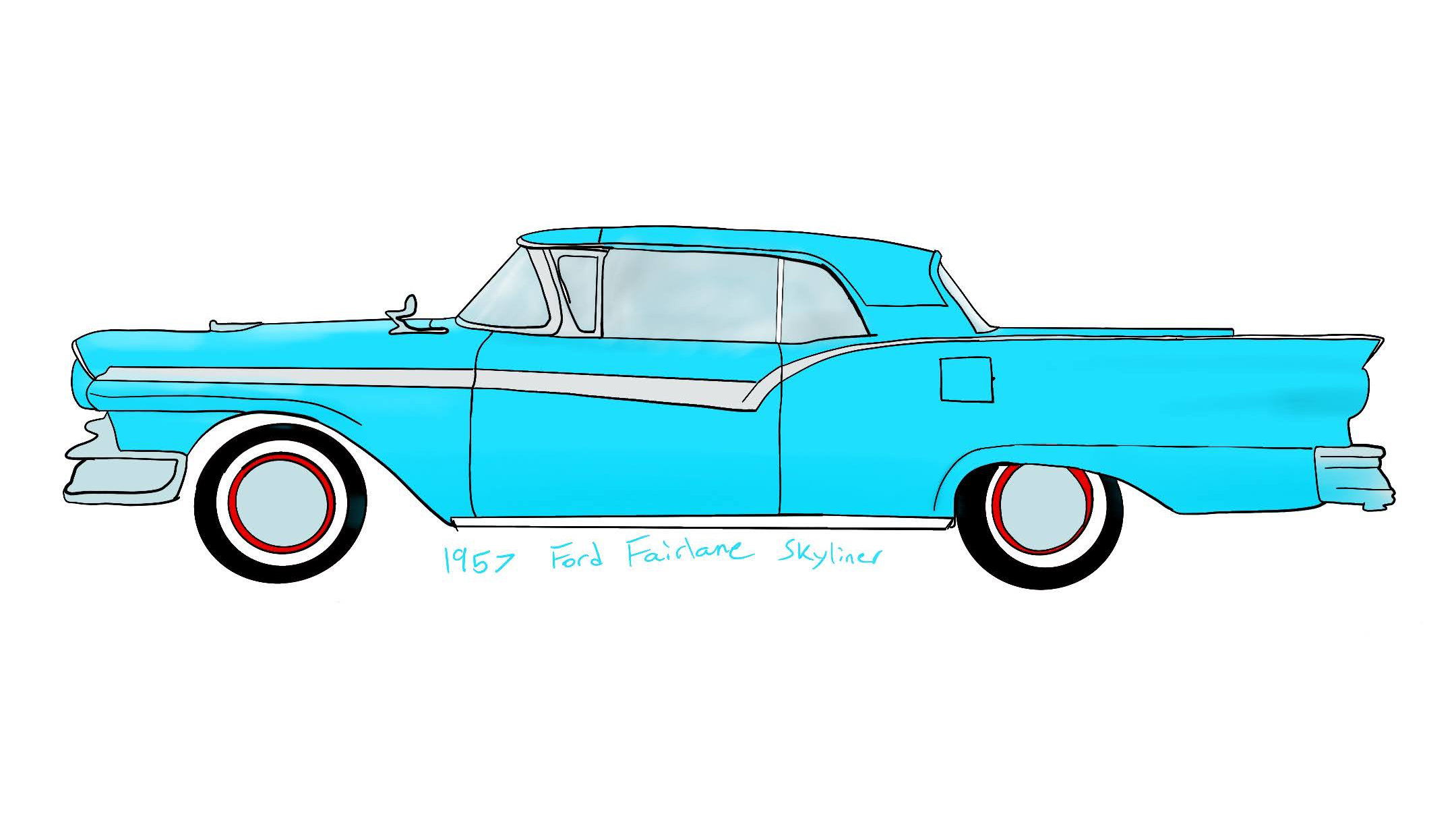 Drawing of a blue 1957 Ford Fairlane Skyliner